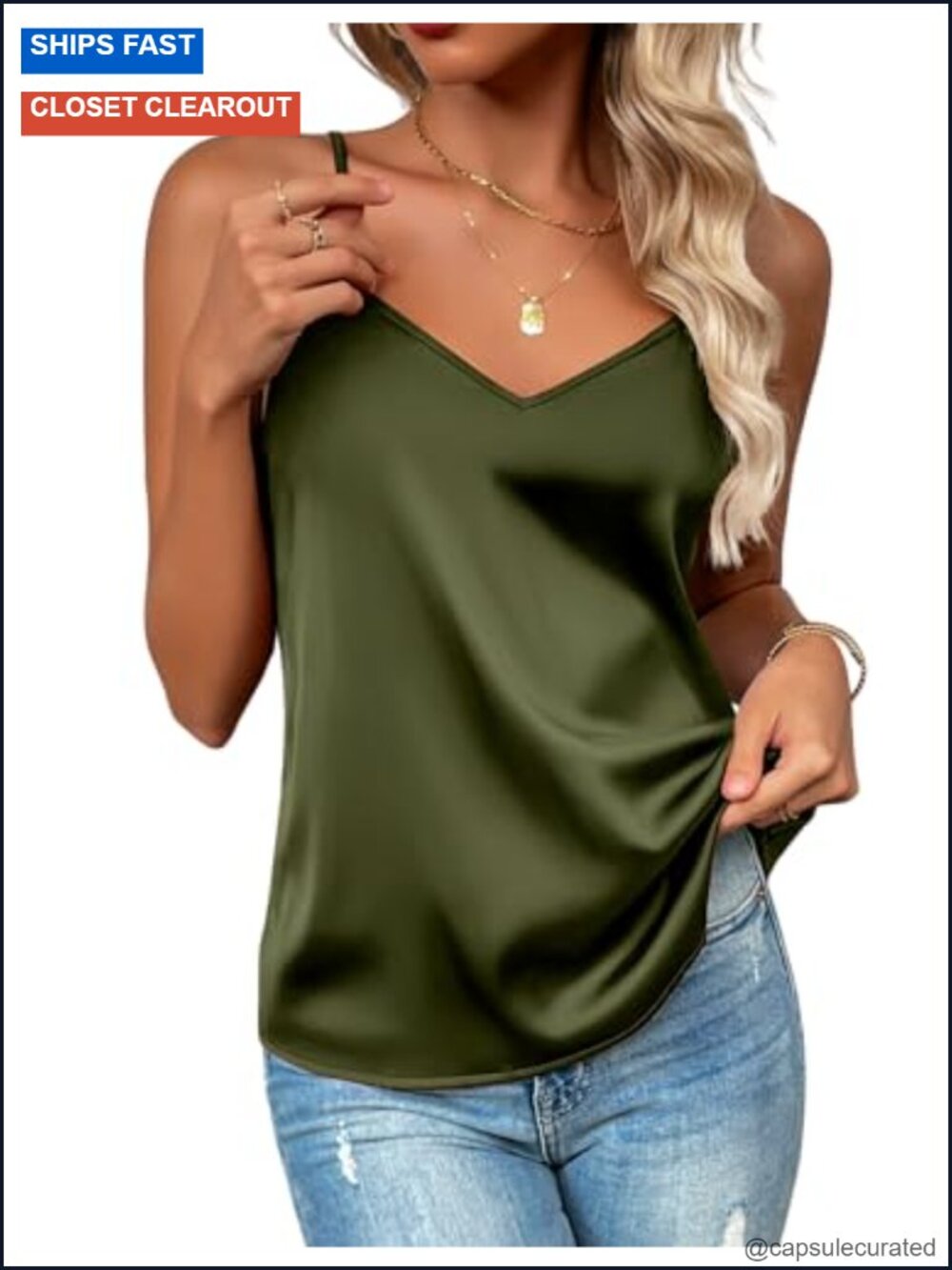 Silk Satin V-Neck Adjustable Spaghetti Strap Sleeveless Camisole Tank Top